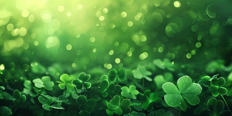 A shiny texture with green clovers on a dark green background, festive glow, background for St. Patrick's Day