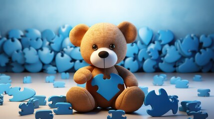 teddy bear with puzzle pieces on blue background - obrazy, fototapety, plakaty