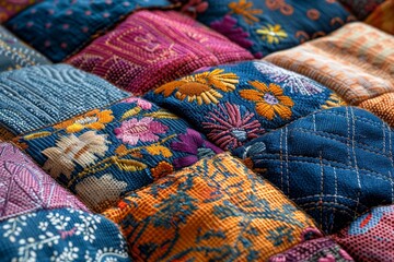 Fototapeta premium Quilting a colorful patchwork, mixing textures and patterns in fabric pieces for a cozy blanket design