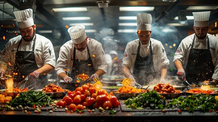 a group of chefs are preparing food in a kitchen - obrazy, fototapety, plakaty