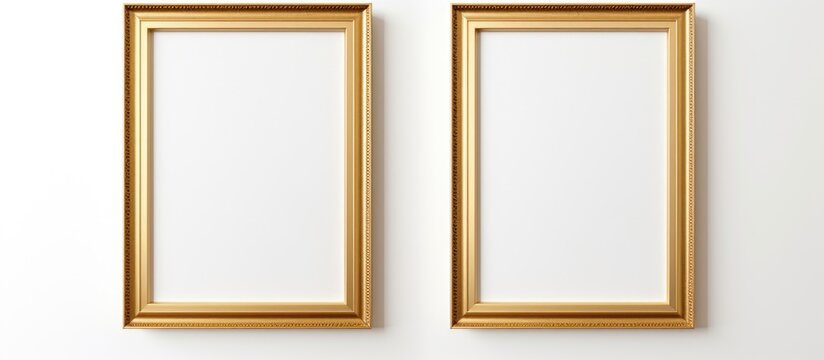 Two vertical gold frames are mounted on a white wall, creating a simple and elegant display. The frames are empty, ready to showcase artwork, photos, or posters.