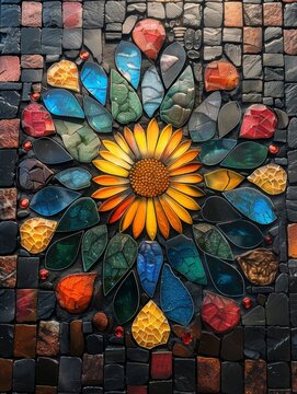 Mosaic art, assembling tiny colorful tiles into a beautiful pattern, overhead view