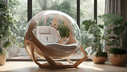 futuristic sci-fi pod chair, Flat Design, Product-View, editorial photography, transparent orb, product photography, natural lighting, plants, natural daytime lighting, zbrush, 8k, natural wooden envi