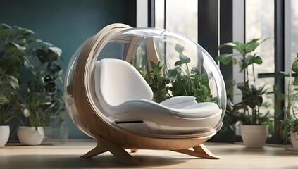 futuristic sci-fi pod chair, Flat Design, Product-View, editorial photography, transparent orb, product photography, natural lighting, plants, natural daytime lighting, zbrush, 8k, natural wooden envi - obrazy, fototapety, plakaty