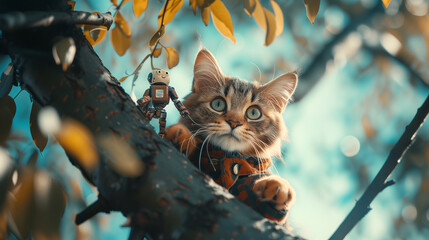 Whimsical Tabby Cat in a Tiger Costume with a Tiny Robot Companion on a Tree Branch