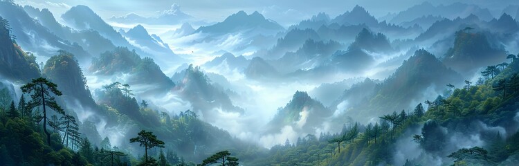 a foggy mountain range with trees and clouds - obrazy, fototapety, plakaty