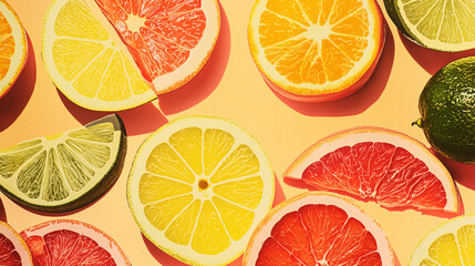 Sliced citrus fruits on yellow background. Flat lay composition with copy space. Healthy eating and summer refreshment concept. - obrazy, fototapety, plakaty