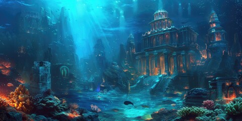An underwater city with bioluminescent coral, schools of colorful fish, and ancient ruins, all...