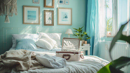 Open suitcase on a bed in a coastal style blue bedroom with nautical wall art. Summer vacation interior with blue accents. Design for travel and lifestyle magazine.