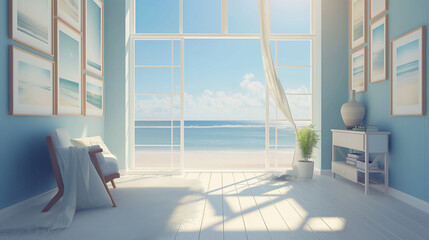 Bright and airy living space with a large window overlooking the sea. Minimalist design in a beachfront home.