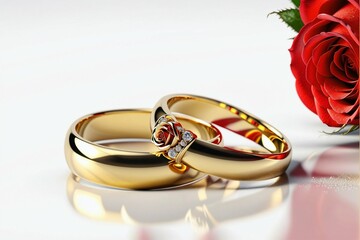 A couple's wedding rings are placed on top of a red rose