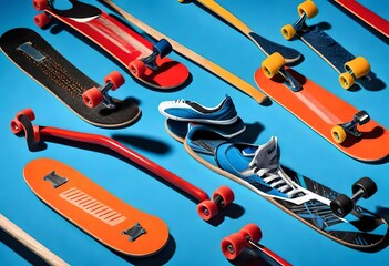 A creative display of hockey sticks, skateboards, and track spikes on a vivid blue background, evoking the thrill and intensity of various athletic pursuits - obrazy, fototapety, plakaty