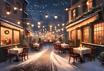 European restaurant terrace adorned with twinkling lights, where outdoor heaters emit a warm glow against the winter chill - obrazy, fototapety, plakaty