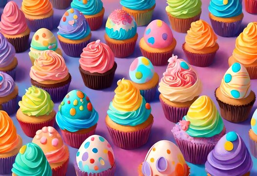 Whimsical cupcakes and Easter eggs dance together on a canvas painted with the hues of a joyful rainbow