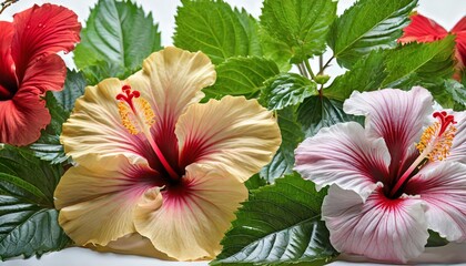 collection of colored hibiscus with leaves