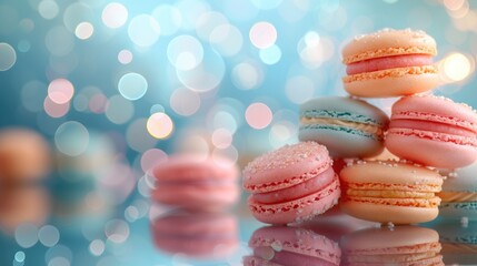 Obraz premium Exquisite macarons adorned with delicate sugar pearls, displayed against a dreamy pink and blue bokeh background, embodying a sense of luxury and sweetness.