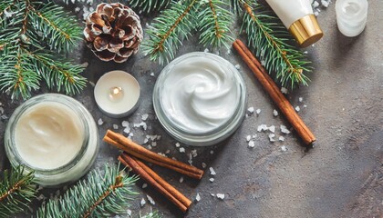 Obraz na płótnie Canvas christmas spa and wellness composition with creams fir branches aromatherapy and winter skin care lifestyle concept invitation and advertising salon flat lay