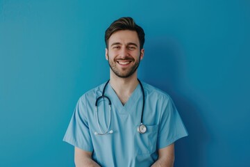 Friendly Male Nurse with Stethoscope ,arms crossed and a confident smile, standing againston Blue Background.