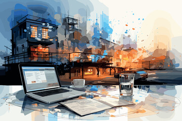 Hand using laptop keyboard on abstract city backdrop. Technology and communication concept. Double exposure