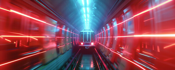 A realistic scenery of a subway car speeding through a tunnel its motion blur captured through a neon light speed long exposure technique emphasizing calming symmetry