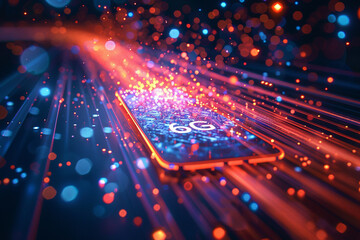 A sleek handheld device emitting a radiant 6G signal with a backdrop of a high speed digital data stream representing the next generation of connectivity