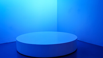 Blank cylinder podium scene for mock up presentation in minimalism style with copy space. Display stand to show cosmetic or technology products.Stage showcase on pedestal display blue minimal studio.