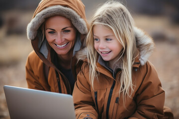 happy teenage girl and mother watching comedy movie on laptop outside in autumn - obrazy, fototapety, plakaty