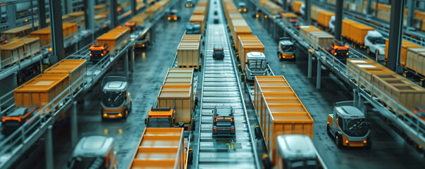 A vast automated warehouse robots loading cargo into trucks the epitome of modern logistics