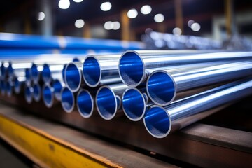 Metallurgical industry background with stainless steel pipes, industrial metal manufacturing concept