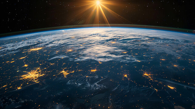 A sleek advanced satellite orbiting Earth capturing the glowing horizon where day meets night