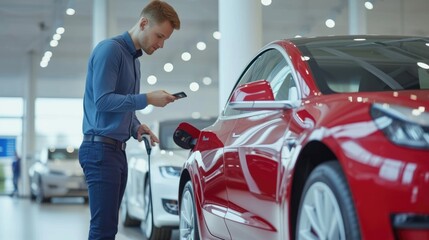 salesperson showcasing electric car EV in auto modern showroom AIG41