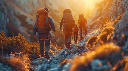 A group of hikers with backpacks exploring a mountain in a stunning ecoregion - obrazy, fototapety, plakaty