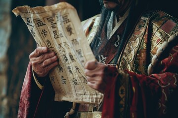 Close up of a Three Kingdoms strategist holding ancient scrolls plotting the next move
