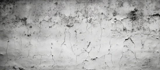 A black and white photograph featuring an old concrete wall with white plaster, cracked and peeling texture. The grungy and wide brickwall adds character to the image. - obrazy, fototapety, plakaty