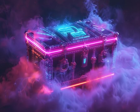 Cyber treasure chest amidst neon smoke holographic locks glowing in the dark surreal - Powered by Adobe