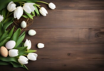 a green easter card on wood with tulips and eggs