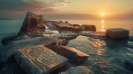 Foto op Canvas Majestic ruins of Atlantis rising from the sea at dawn with mysterious ancient symbols etched into weathered stone remnants of a civilization lost to time © Thanaphon