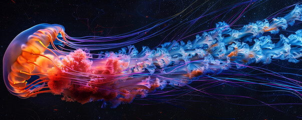 Neon infused jellyfish with luminous tendrils drifting through dark waters creating a surreal underwater light show embodying the essence of marine neon art