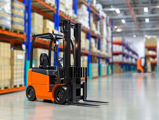 Robotic forklifts operating seamlessly in a modern logistic center surrounded by stacks of goods - obrazy, fototapety, plakaty