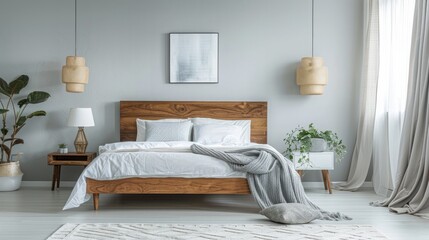 A minimalist bedroom with a platform bed, minimal decor, and a soothing color palette
