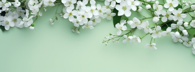 a green backdrop with white flowers and flowers
