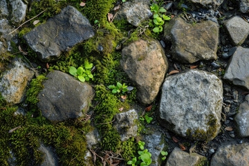 Obraz na płótnie Canvas A stone texture with moss and pebbles