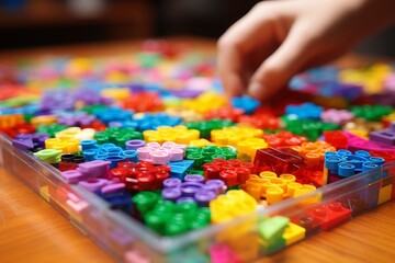 Close up of young boys hand playing with colorful high-definition plastic construction blocks
