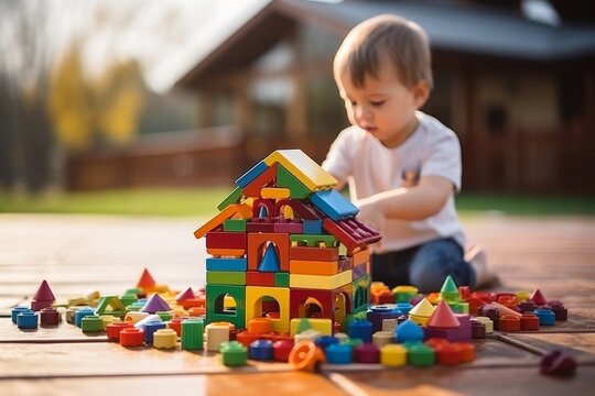 Colorful high definition close-up of boy playing with plastic constructor blocks