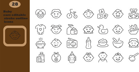 Baby care editable stroke outline icons set