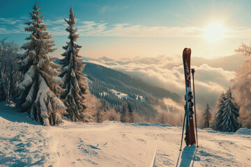 A ski with a pole and a slope - obrazy, fototapety, plakaty