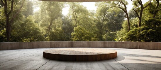 A circular concrete area with tall green trees in the background. The empty loft-style wooden terrace is surrounded by concrete walls, under the natural light outdoors.