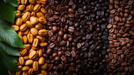 Top view of three varieties of coffee beans on dark vintage background. Space for text