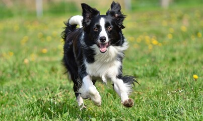 Fototapeta premium Exuberant Border Collie Sprinting Joyfully Through a Lush Meadow - Generative AI