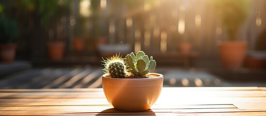 A small cactus is placed in a clay pot on a wooden table, illuminated by the warm afternoon sunlight at the waterfront.